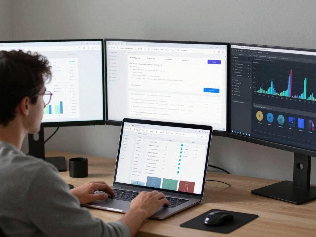 A blogger working on content creation with analytics and affiliate marketing dashboards visible
