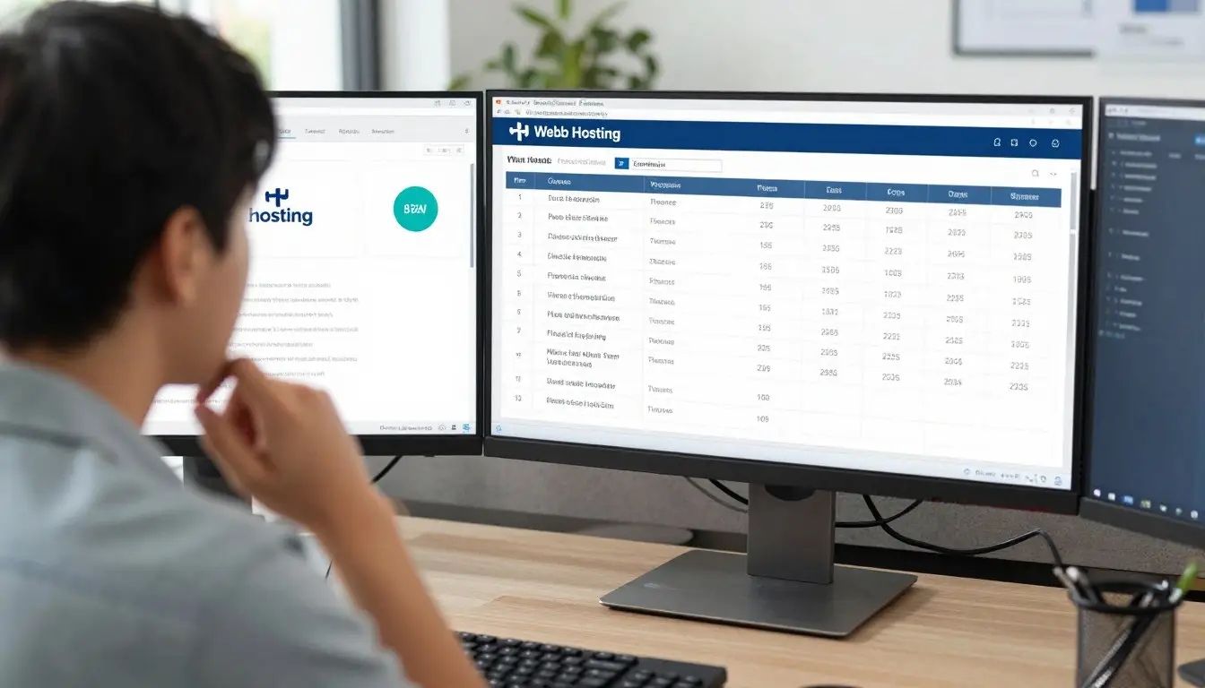 A person making a decision between different web hosting options with pros and cons lists visible A person making a decision between different web hosting options with pros and cons lists visible