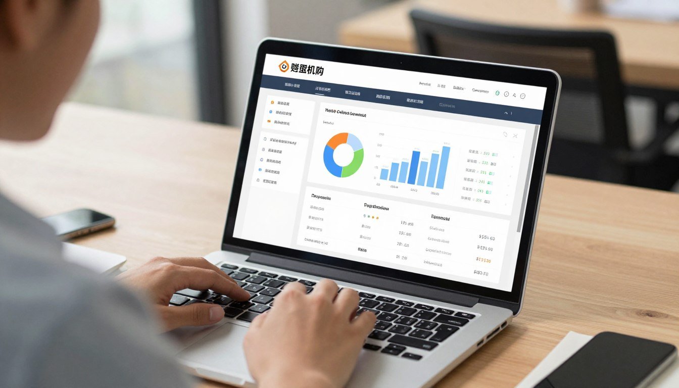 A small business owner managing their e-commerce website on a laptop with sales analytics visible